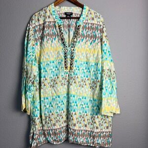 Valerie Stevens Tunic Top Beaded Split Neckline Geometric Print Blouse Plus 24W‎